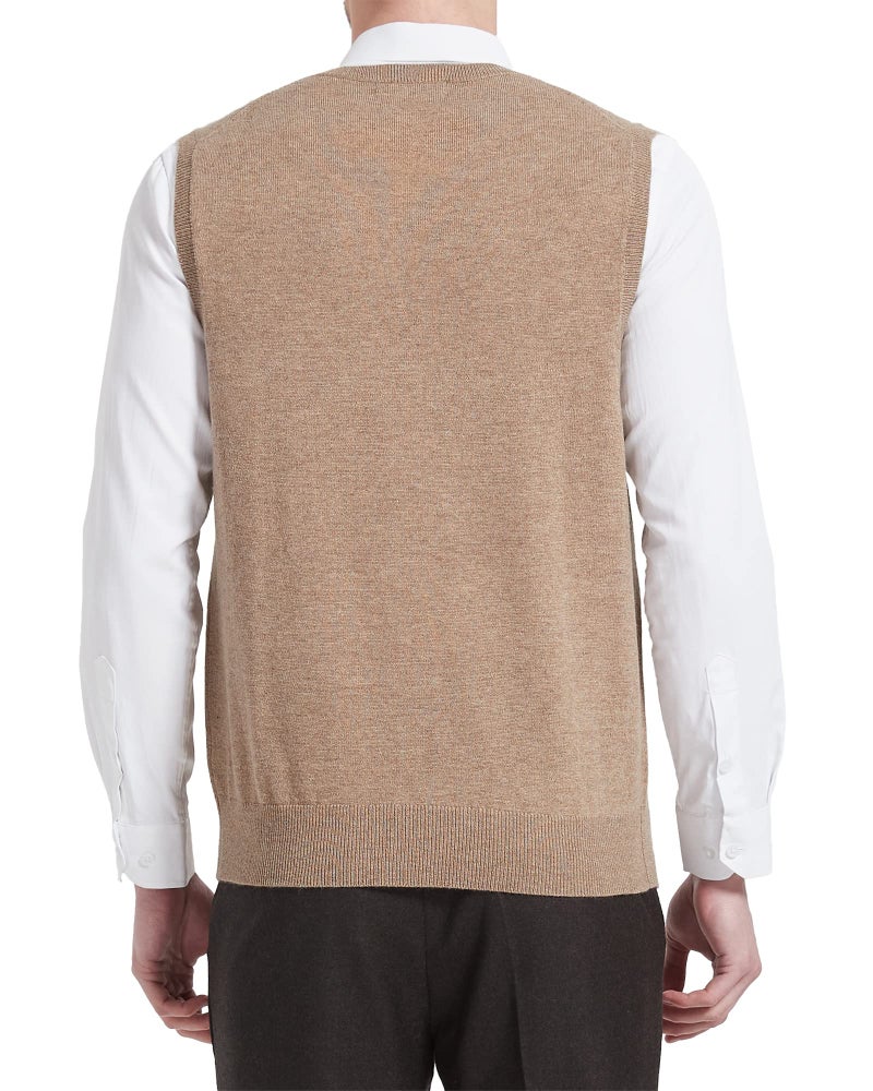 Kallspin Men's Wool Blended Vest Sweater Relaxed Fit V Neck Sleeveless Knitted Pullover (Coffee, Large) - Image 3